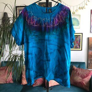 SILK BIJOUX Wearable Art size L Blue Purple Green Metallic Painted Silk Blouse